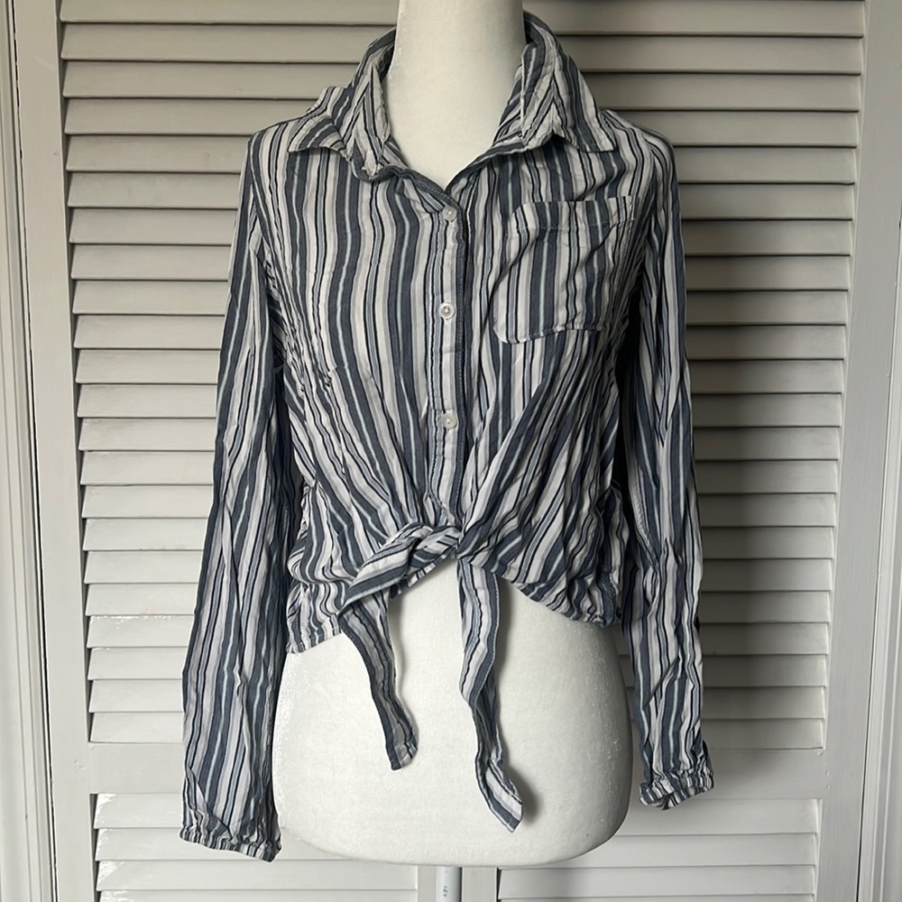 Striped Blue & White Long-Sleeved Blouse